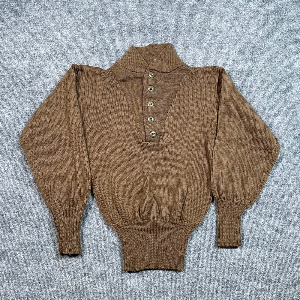 Vintage US Military Wool 5 Button Henley Sweater Brown OD 3721 Small 34-36 1990